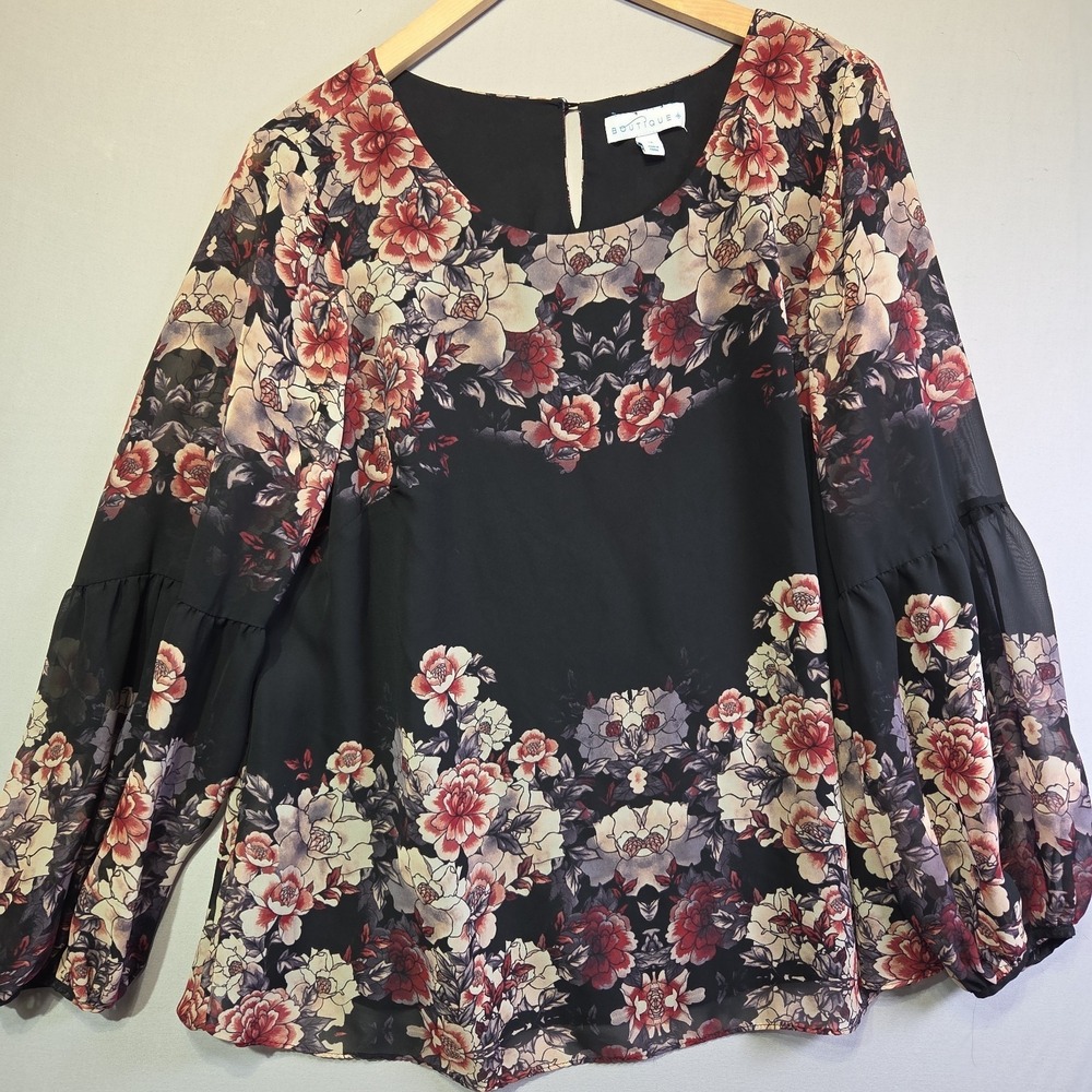Boutique+ Women's 1X Black Floral Blouse Bell Balloon Sheer Sleeve Lined Top